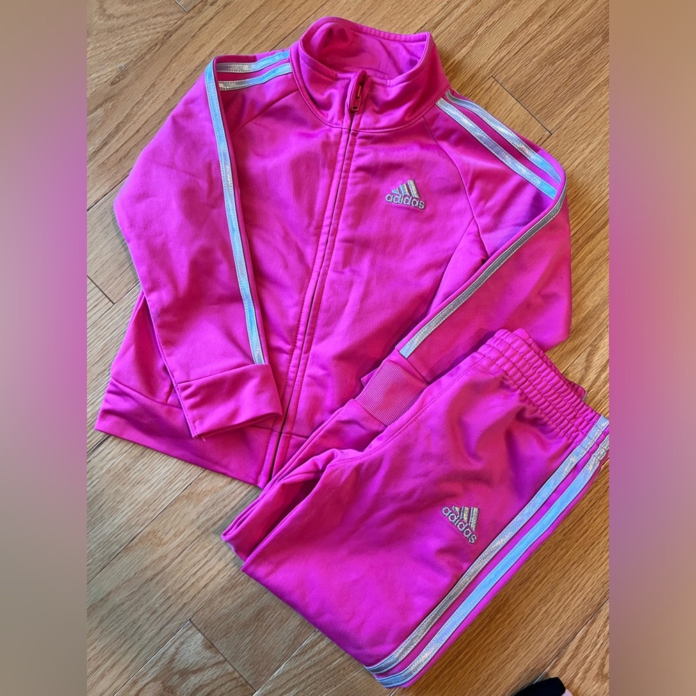 Adidas 3 stripe tracksuit 2 piece Barbie pink silver zipper jacket sweatpants